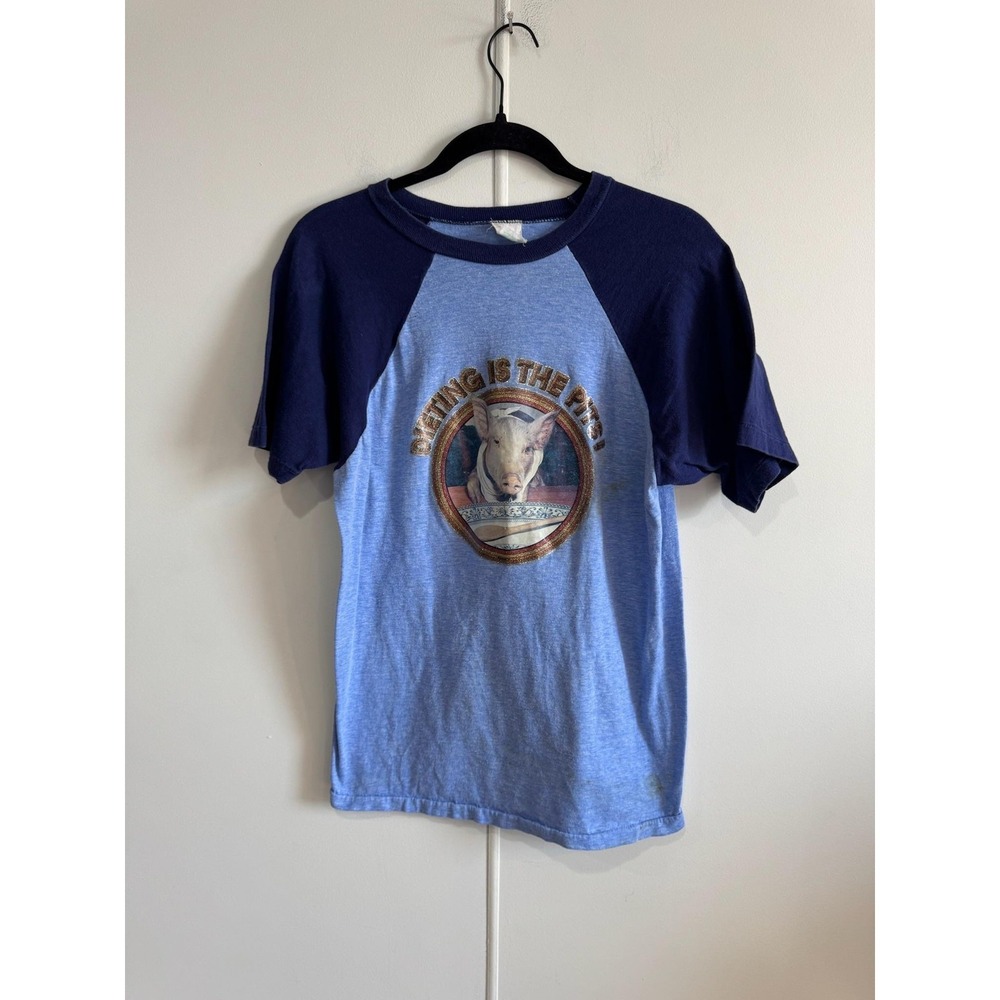 VTG Spruce Dating Is The Pits Pig Shirt Mens Small Blue Raglan Funny Tee T-Shirt